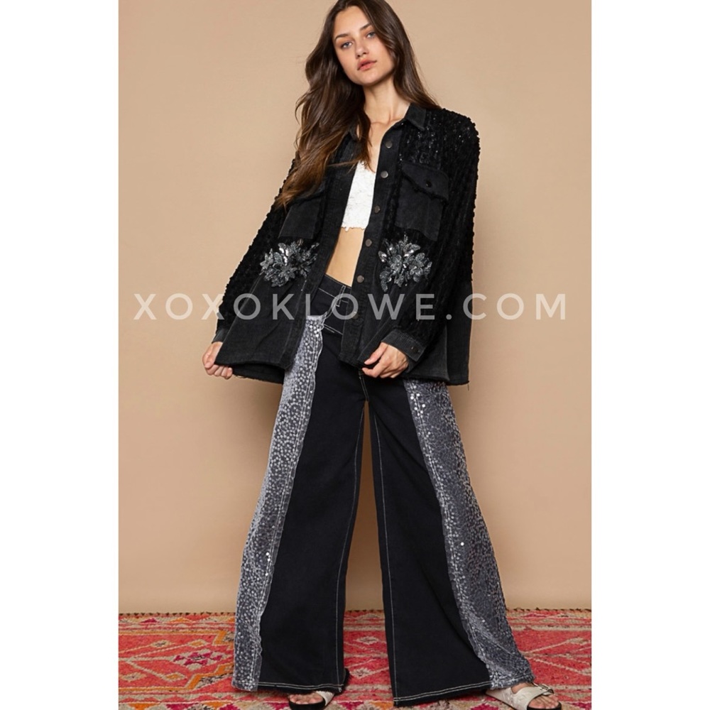 POL Floral Sequin & Velvet Side Stripe Wide Leg Jeans - Picture 1 of 14